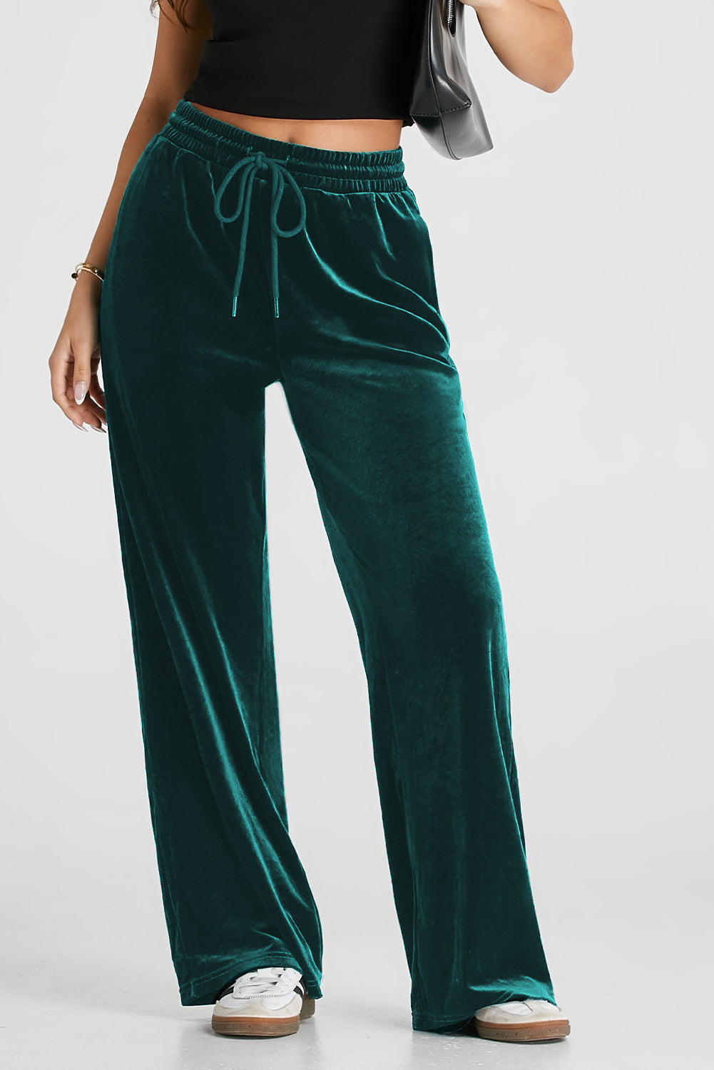Pantalon à cordon fixe uni, taille à jambes larges