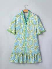 Sky Blue Botanical Floral Print Frilled Trim V Neck Button Front Loose Dress - Miniatuur