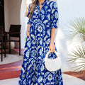 Blue Wild Floral Print Frilled Collar Half Sleeve Long Dress - Damesmode Afbeelding 6 - Foto 6
