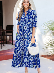 Vestido largo de manga media con cuello floral y volantes azul salvaje - Damesmode Afbeelding 6 - Miniatuur