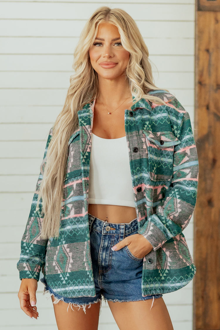 Shacket de manga larga con estampado geométrico verde con botones - Damesmode