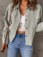 Sky Blue Raw Hem Flap Pockets Cropped Corduroy Jacket - Miniatuur