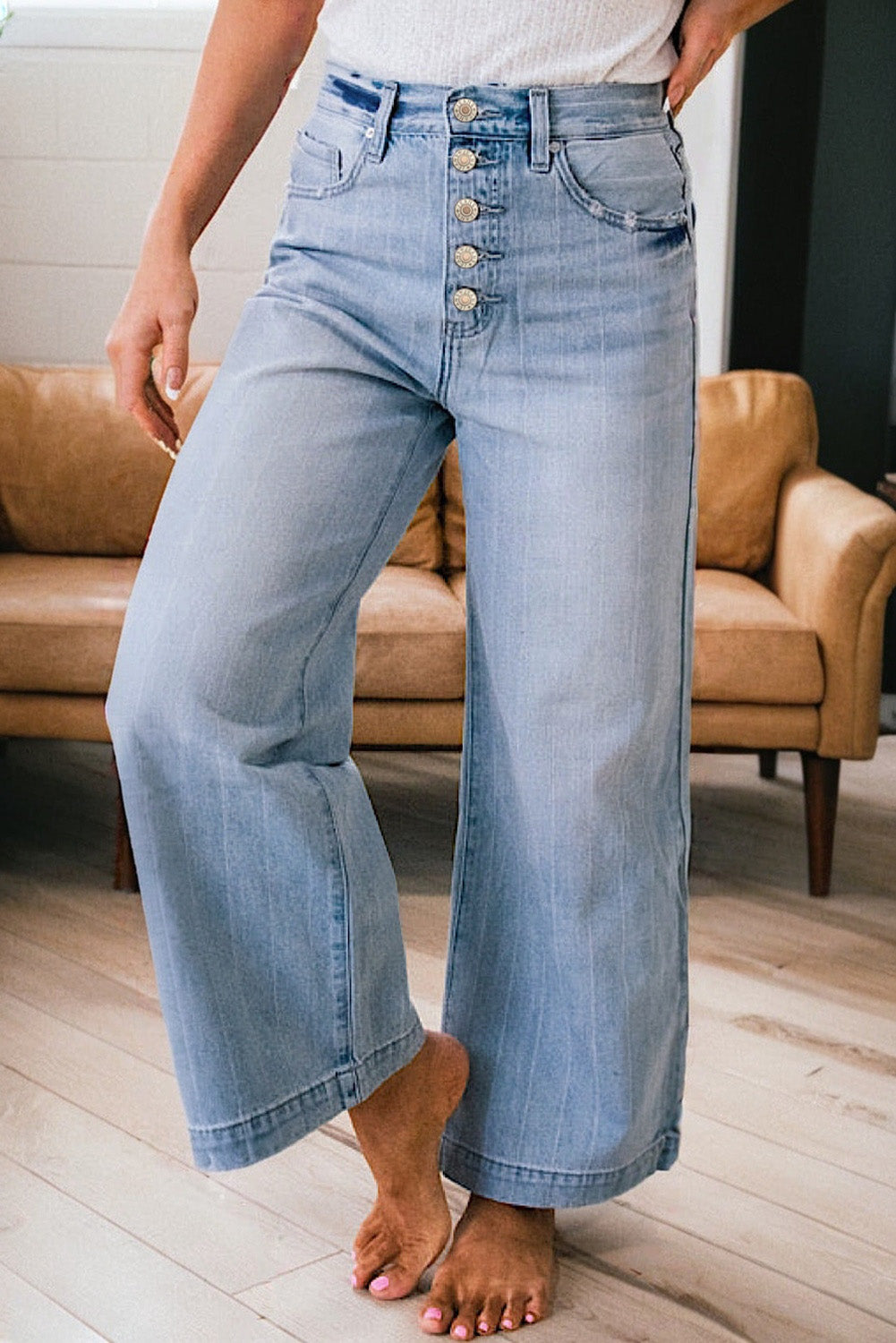 Beau Blue Multi Buttons Pinstripe Wide Leg Jeans - Damesmode Afbeelding 4