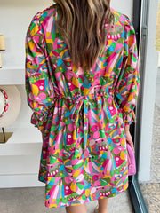 Pink Abstract Printed Lantern Sleeve Buttoned Mini Dress - Miniatuur