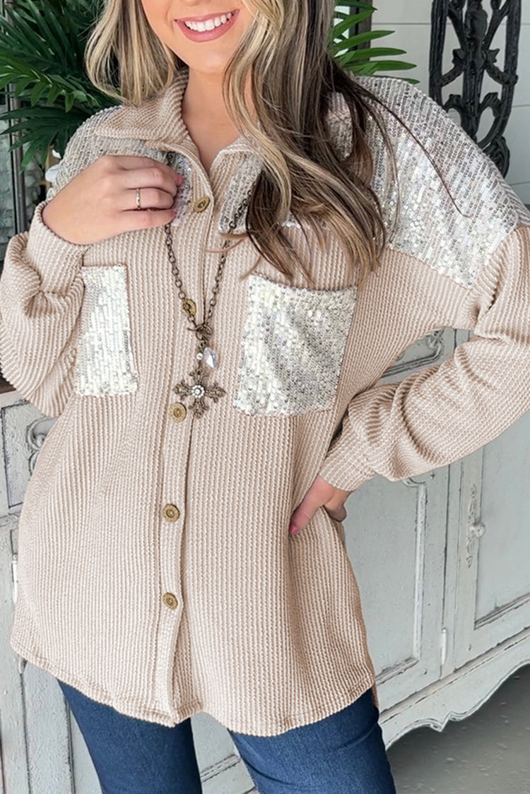 Parchment Sequin Patch Chest Pocket Corded Shacket - Damesmode