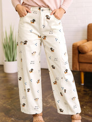 Weiße Abstract Dog Print Wide Legs Ganzlänge Jeans - Miniatuur