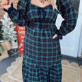 Green Vintage Plaid Square Neck Lace Trim Long Sleeve Shift Dress - Foto 3