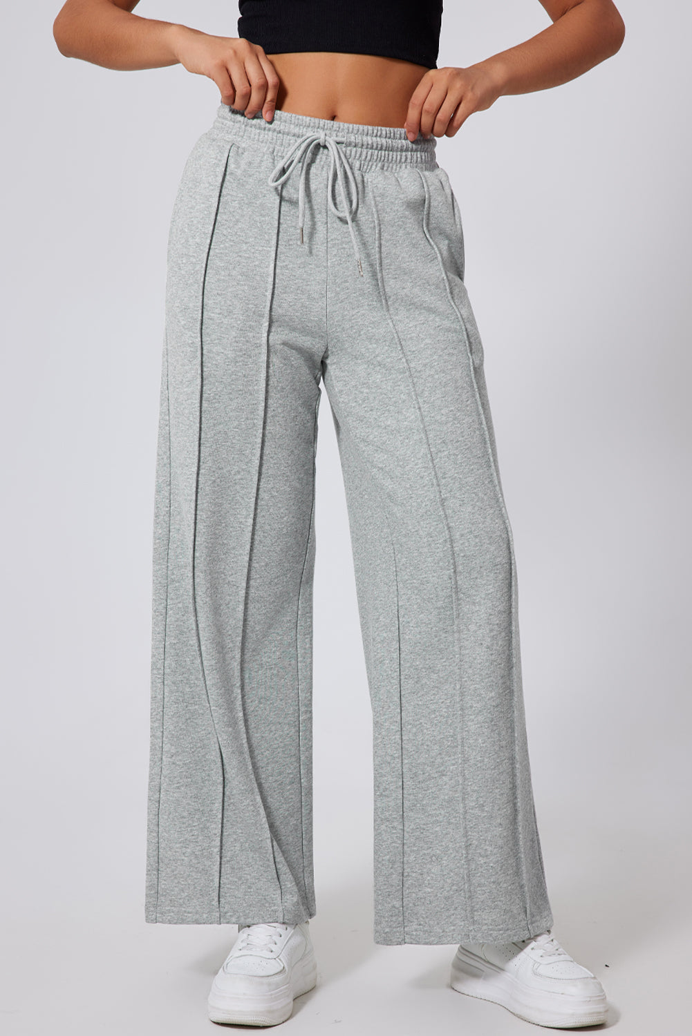 Pantaloni della tuta a vita alta a vita alta e gamba larga con cuciture grigie