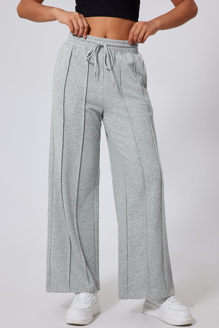Pantalones de chándal de cintura alta y pierna ancha con cordón gris con costura - Damesmode