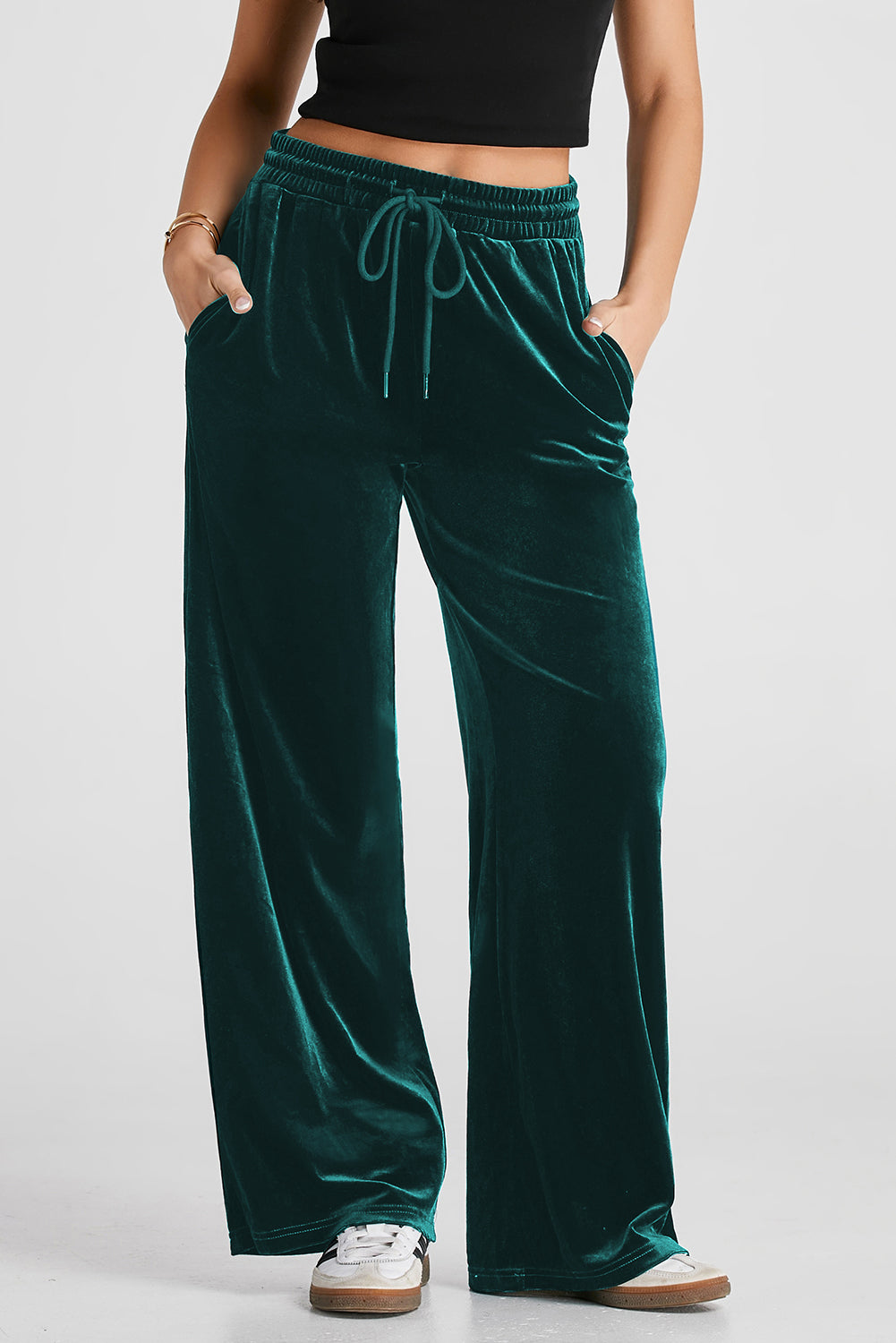 Pantalon à cordon fixe uni, taille à jambes larges