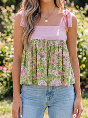 Camiseta de tirantes de nudo con estampado floral verde Babydoll - Miniatuur