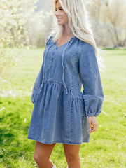 Myosotis Puff Sleeve V Neck Ruffled Loose Denim Mini Dress - Miniatuur