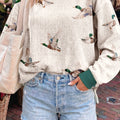 Beige Twisted Ribbed Duck Print Crewneck Casual Pullover Top - Damesmode Afbeelding 1 - Foto 1