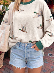 Beige Twisted Ribbed Duck Print Crewneck Casual Pullover Top - Damesmode Afbeelding 1 - Miniatuur