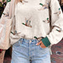 Beige Twisted Ribbed Duck Print Crewneck Casual Pullover Top