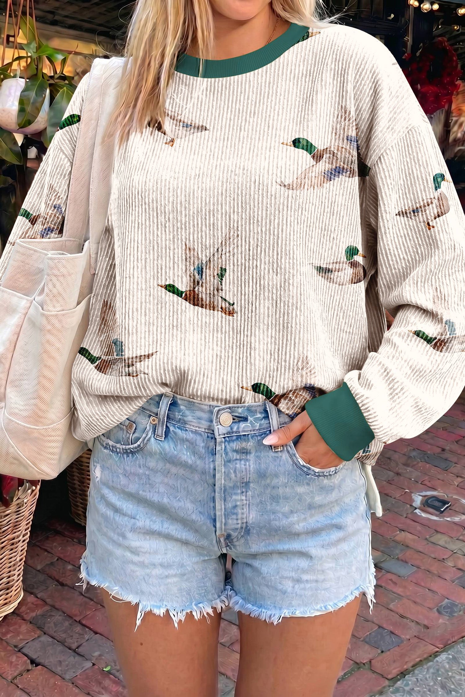 Beige Twisted Ribbed Duck Print Crewneck Casual Pullover Top - Women's Fashion Image 1