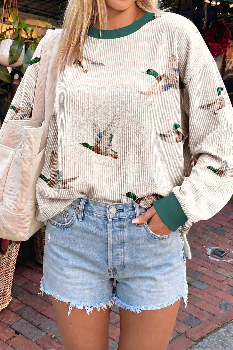 Beige Twisted Ribbed Duck Print Crewneck Casual Pullover Top - Damesmode Afbeelding 1 - Damesmode