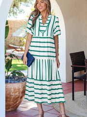 Sky Blue Stripe Ricrac Trim Notched Neck Half Sleeve Vacation Dress - Miniatuur