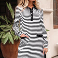 White Stripe Buttoned Front Collared Long Sleeve T Shirt Dress with Pockets - Foto 1