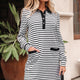 Wit Stripe Knooped Front Collarood met Lange Mouwen T Overhemd Jurk with Zakkens