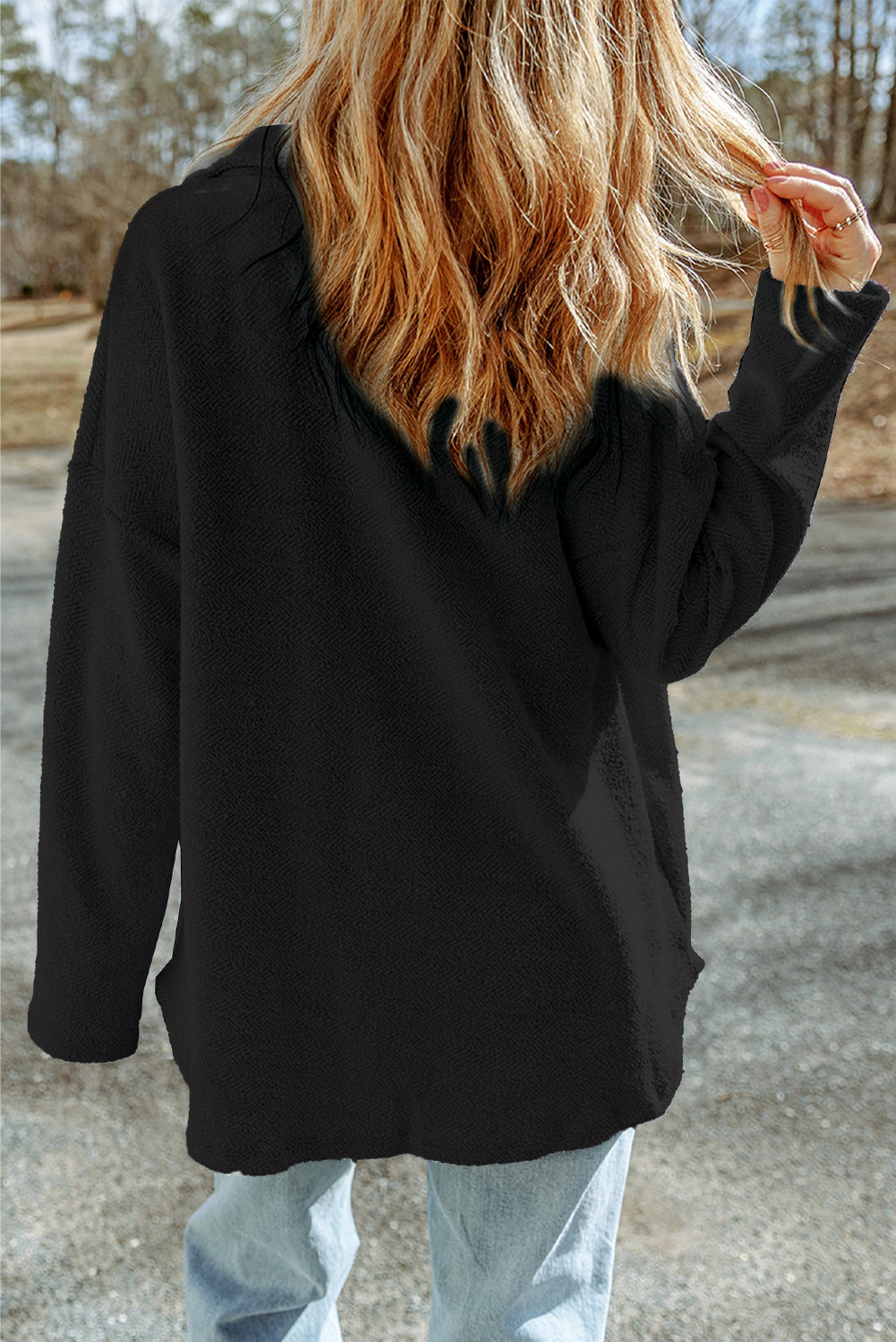 Black Contrast Flap Pockets Relaxed Shacket - Damesmode Afbeelding 2