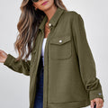 Blackish Green Solid Color Zip Up Button Flap Pocket Shirt Collar Jackets - Damesmode Afbeelding 3 - Foto 3