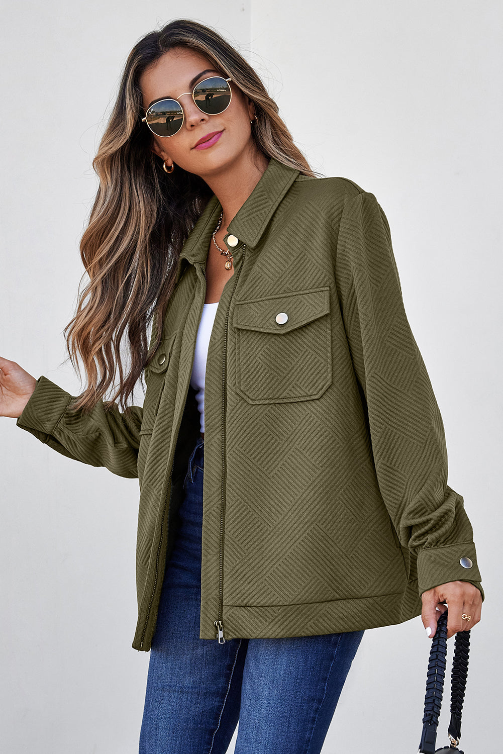 Blackish Green Solid Color Zip Up Button Flap Pocket Shirt Collar Jackets - Damesmode Afbeelding 3