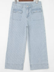 Sky Blue Stripe Button Flap Pocket Cuffed Hem Wide Leg Jeans - Miniatuur