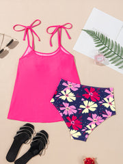 Rose Red Tie Schulter-Muster süßes Tankini-Set mit Blumenmuster - Miniatuur