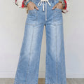 Beau Blue Drawstring Waist Wide Leg Ankle Length Jeans - Damesmode Afbeelding 1 - Foto 1