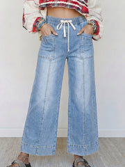 Beau Blue Drawstring Waist Wide Leg Ankle Length Jeans - Damesmode Afbeelding 1 - Miniatuur