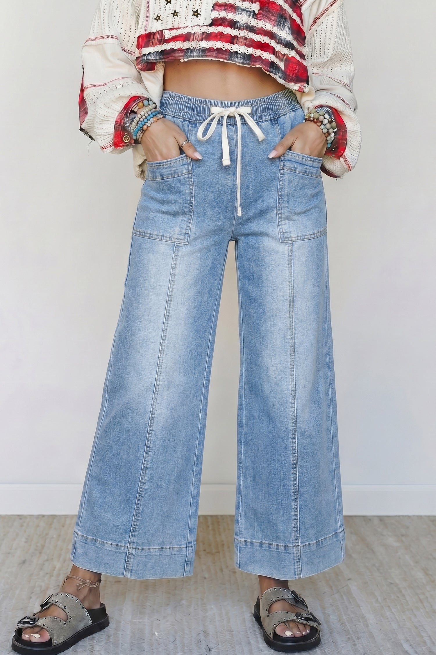 Beau Blue Drawstring Waist Wide Leg Ankle Length Jeans - Damesmode Afbeelding 1