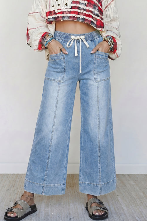 Beau Blue Drawstring Waist Wide Leg Ankle Length Jeans - Damesmode Afbeelding 1