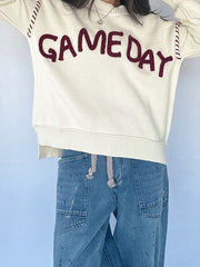 Beige Drop Shoulder Game Day Letter Print Pullover Sweater - Damesmode Afbeelding 3 - Miniatuur