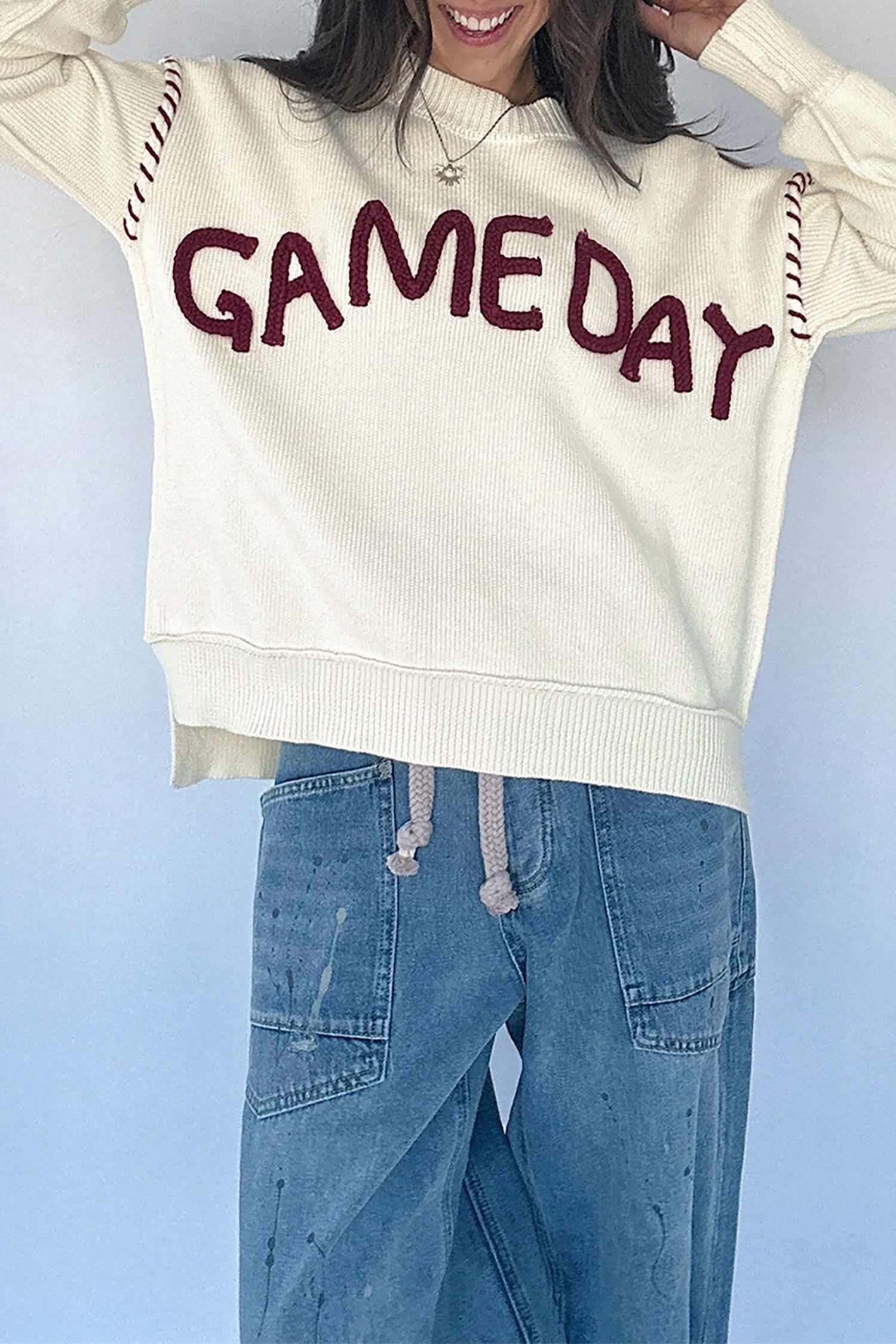 Beige Drop Shoulder Game Day Letter Print Pullover Sweater - Damesmode Afbeelding 3