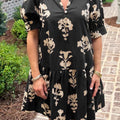Black Frilled V Neck Puff Short Sleeve Floral Mini Dress - Damesmode Afbeelding 1 - Foto 1