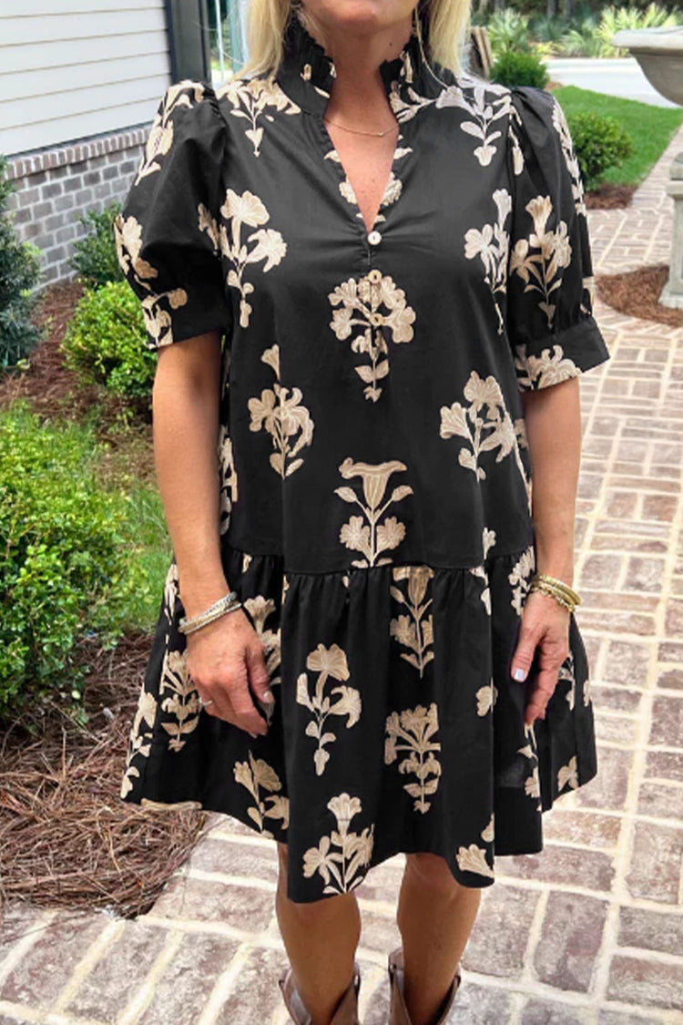 Black Frilled V Neck Puff Short Sleeve Floral Mini Dress - Damesmode Afbeelding 1 - Damesmode