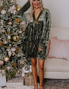 Jungle Green Velvet Long Sleeve V Neck Loose Dress with Pockets