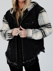 Black Plaid Sleeve Frayed Hem Hooded Denim Jacket - Damesmode Afbeelding 8 - Miniatuur