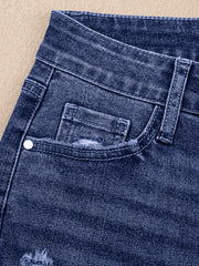 Echte türkisfarbene, gefaltete Manschetten, gerade, hoch taillengeschnittene Jeans - Miniatuur