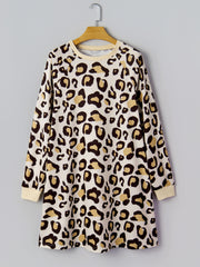 Khaki Leopard Long Sleeve Shift T Shirt Dress with Pockets - Miniatuur