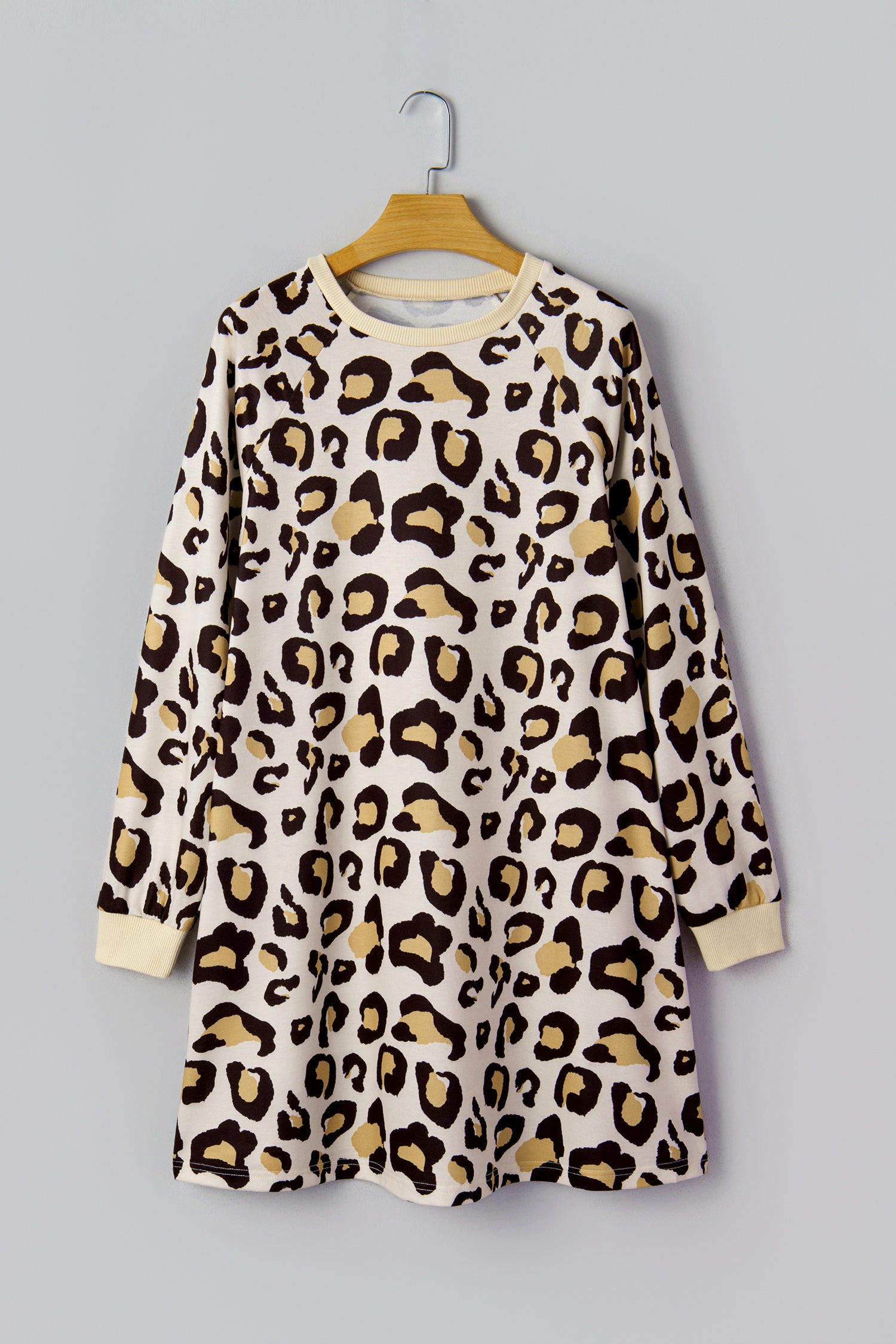Khaki Leopard langærmet shift-t-shirt kjole med lommer