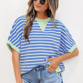 Pink Stripe Contrast Trim Loose Short Sleeve Top - Foto 6