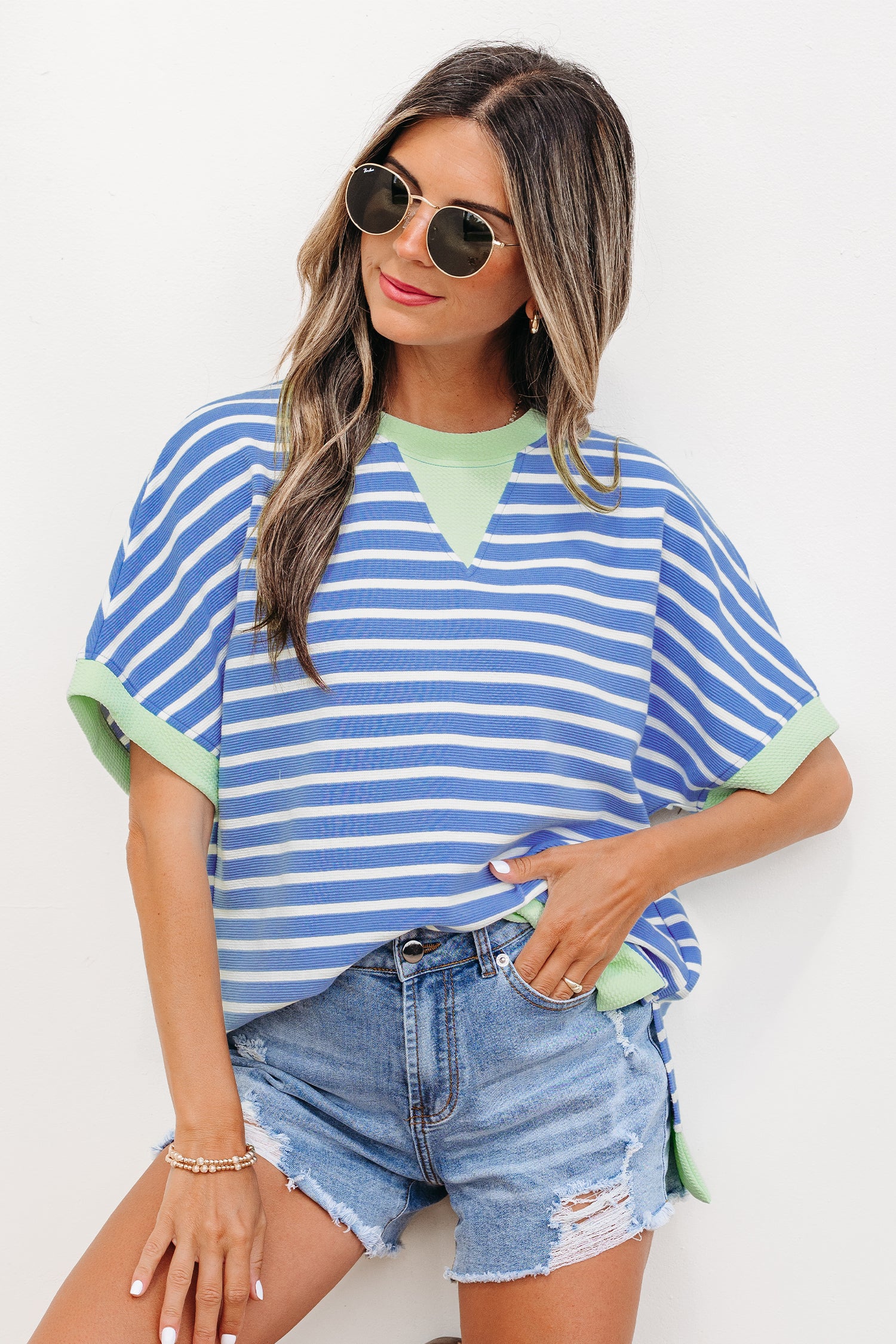 Rosa Stripe Contrast Trim lockeres kurzärmeliges Oberteil