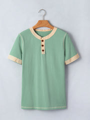 Light Grey Raw Seam Color Block Detail Buttoned Henley Tee - Miniatuur