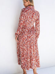 Orange Abstract Print V Neck Pleated High Waist Midi Dress - Miniatuur