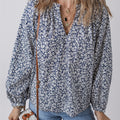 Blue Floral Print Notched V Neck Puff Sleeve Blouse - Damesmode Afbeelding 1 - Foto 1