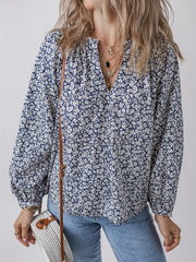 Blue Floral Print Notched V Neck Puff Sleeve Blouse - Damesmode Afbeelding 1 - Miniatuur