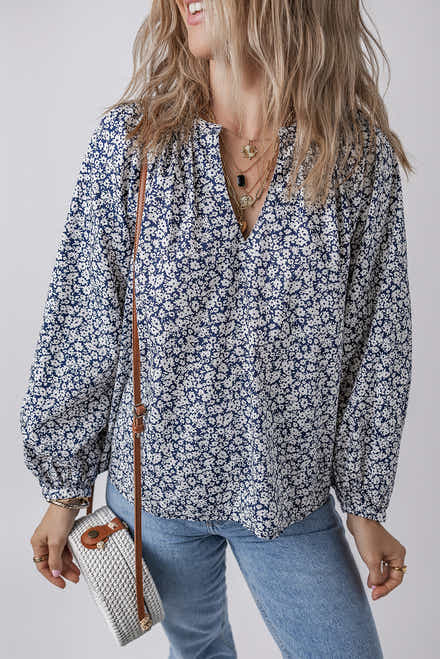 Blue Floral Print Notched V Neck Puff Sleeve Blouse - Damesmode Afbeelding 1