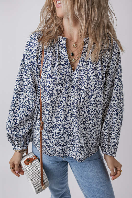 Blue Floral Print Notched V Neck Puff Sleeve Blouse - Damesmode Afbeelding 1